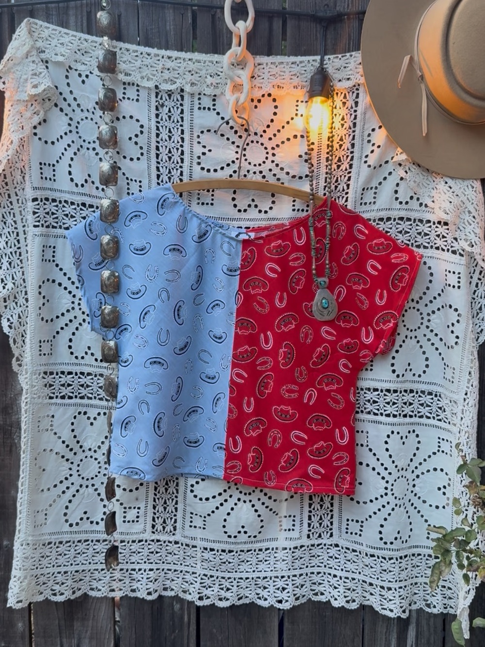 Handmade western Women's Two-Tone Short Sleeve top - Red & Light Blue